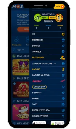 Menu główne aplikacji Mostbet