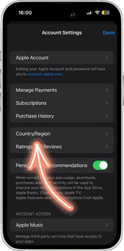 Country/Region settings in App Store