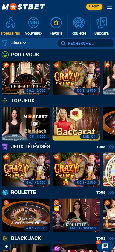 Page de casino en direct