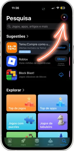 Menu de conta nas configurações da App Store