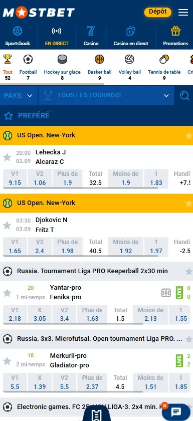 Interface de paris sportifs en direct
