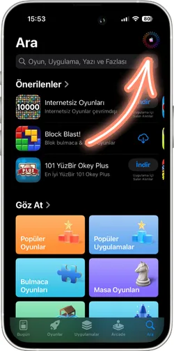 App Store profil menüsü ayarları